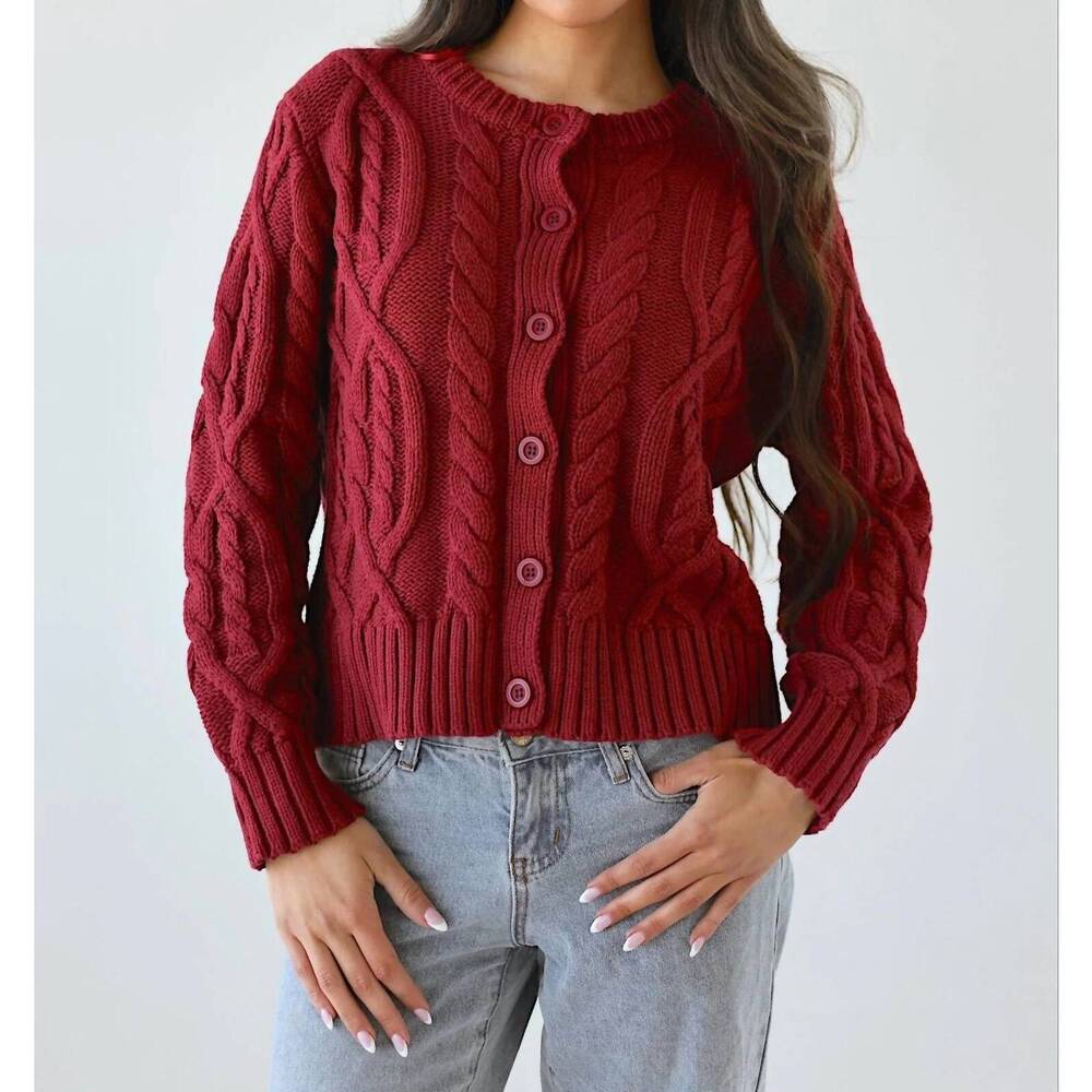 NEW MIRACLE lucy relaxed cable knit button-down cardigan in red
